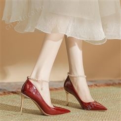 H893-5酒红色高跟鞋女脚环珠细跟浅口夏季女鞋气质名媛羊皮鞋