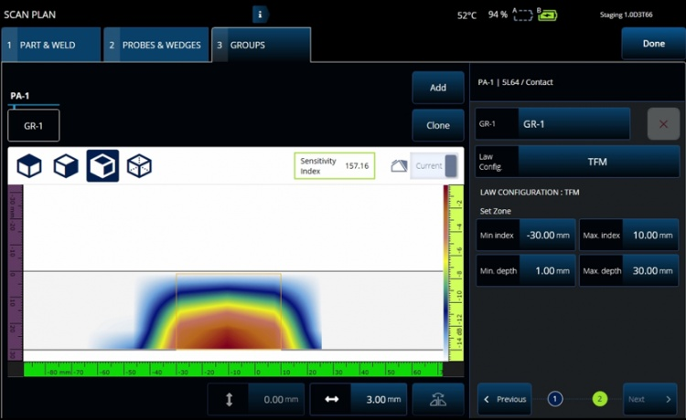Figure 5—AIM simulator of the OmniScan X3 flaw detector’s onboard scan plan, showing the sensitivity index at 157.16 for the flexible 5 MHz PAUT probe